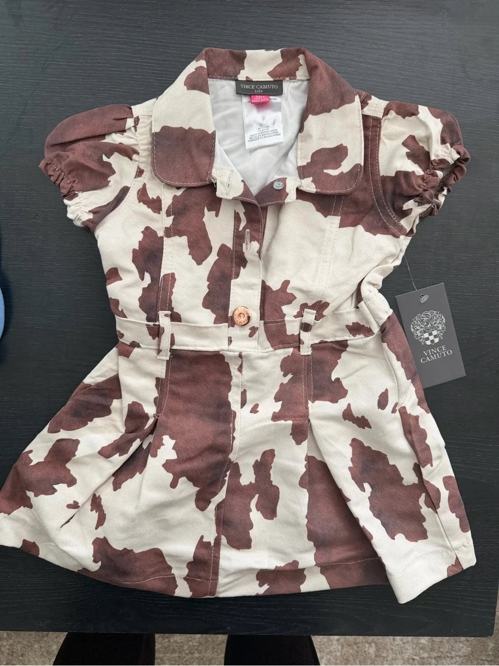 Vince Camuto Girls Brown and Cream Cowprint Button-Front Dress